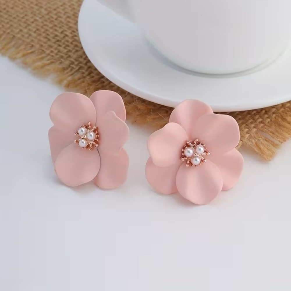 Matte Pink Flower Stud Earrings Faux Pearl Center Floral Botanical Statement